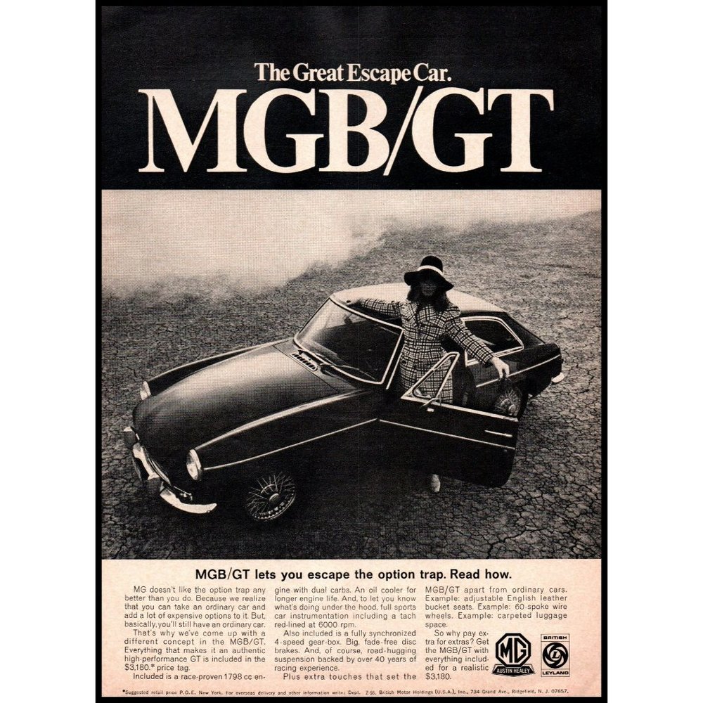 1969 MG MGB MGB/GT Coupe Vintage Print Ad Great Escape Wire Wheels Wall Art